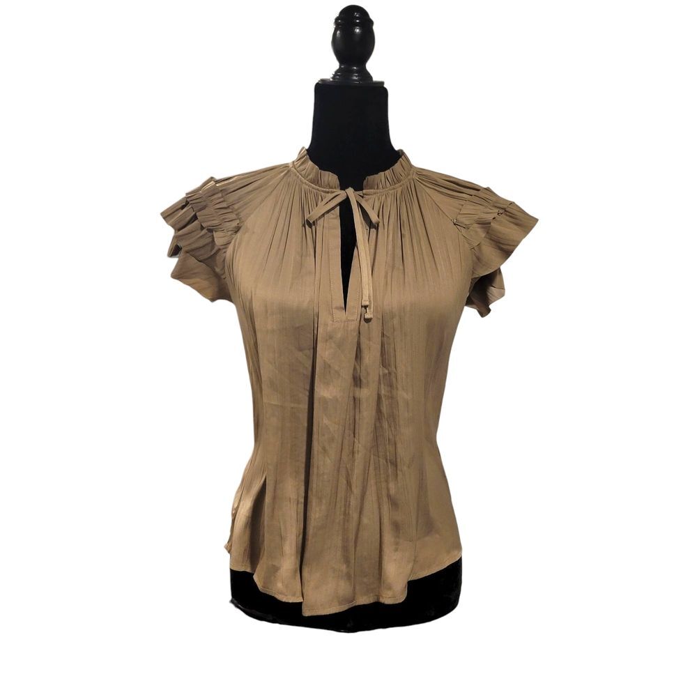 Evereve Tan Metallic Silky Flutter Sleeve Blouse with Mandarin Collar Size XS